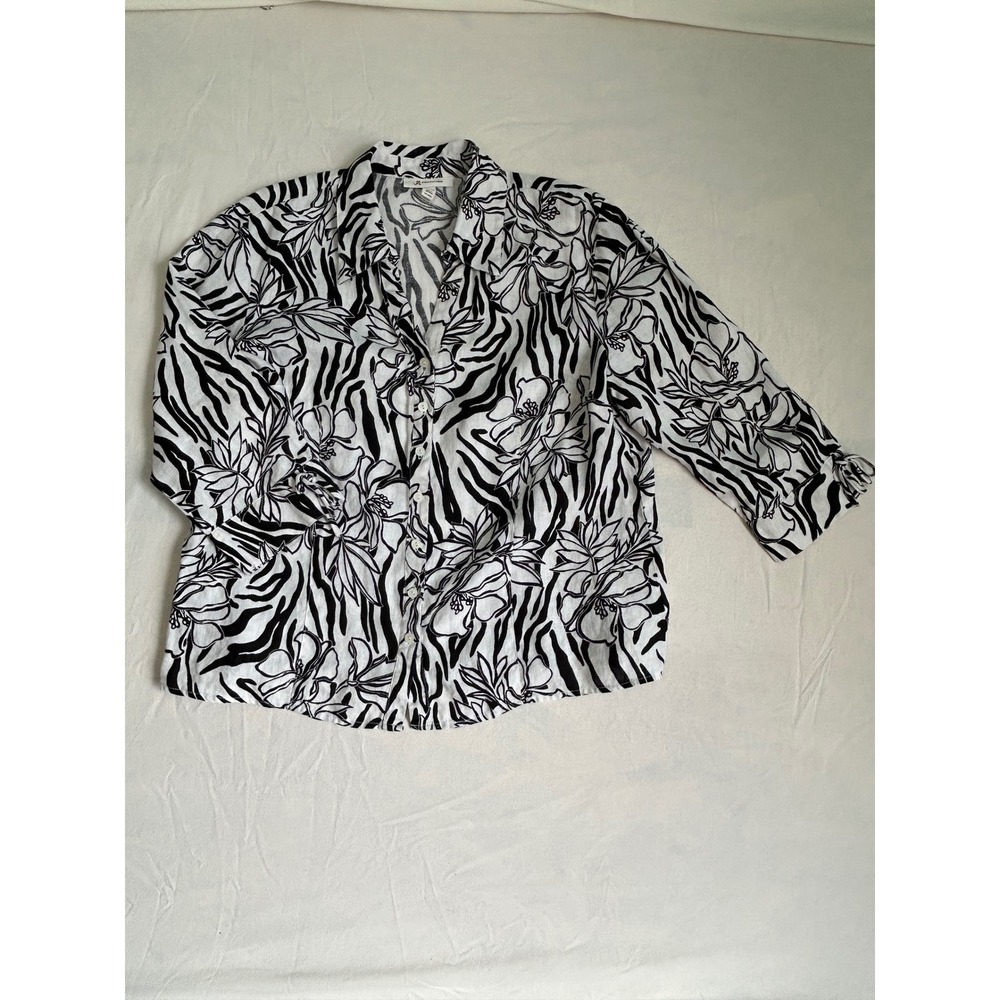 JM Collection 100% Linen Zebra Floral Print Button Down Shirt Black White 16